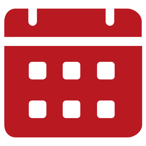 Rødt kalenderikon. Viser de lange åpningstidene til treningssenteret, med tilgang fra 06-23 hver dag, hele uken.